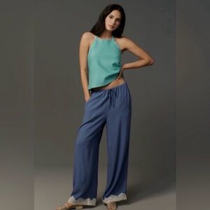 Anthropologie Teal Halter Tank & Blue Lace Trim Pajama Pants Set Size M NWT